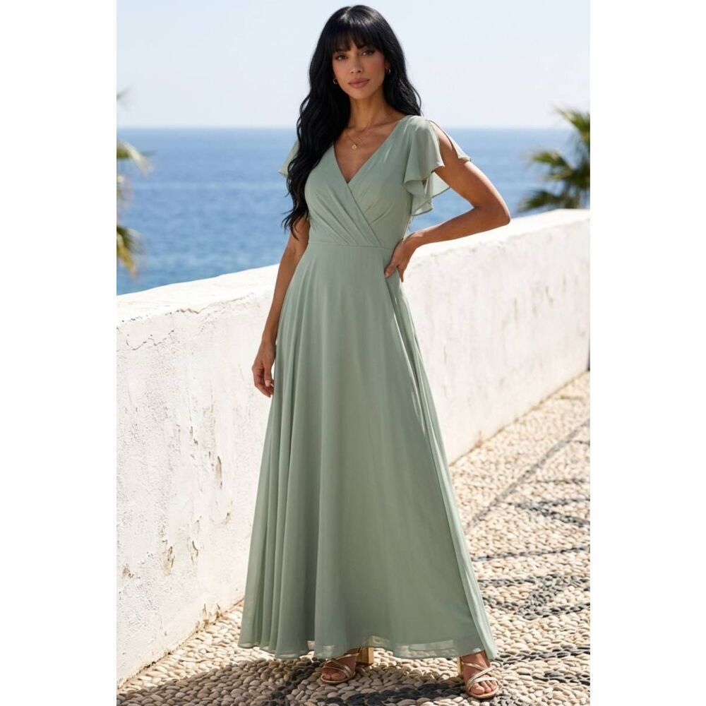🍑David's Bridal Dusty Sage Green Flutter Sleeve Gown Size 6